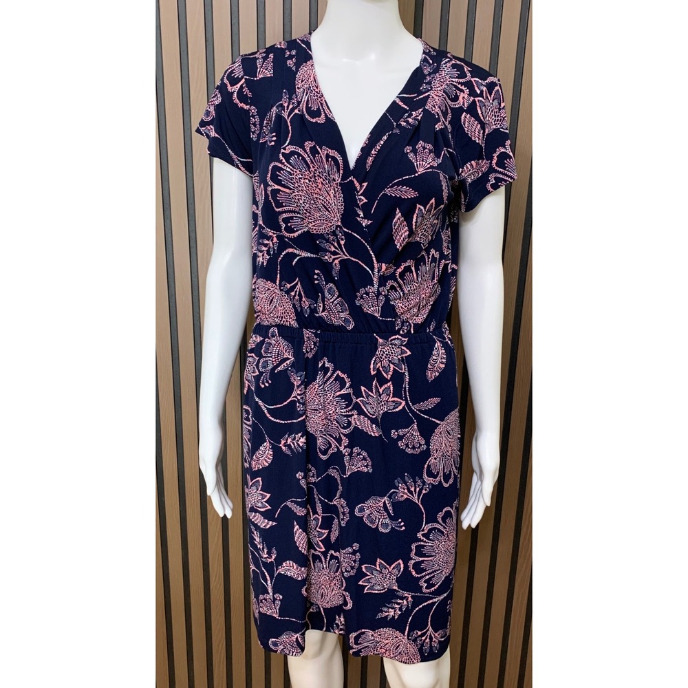 Banana Republic Navy Pink Floral Faux Wrap Dress Short Sleeve V-Neck Small